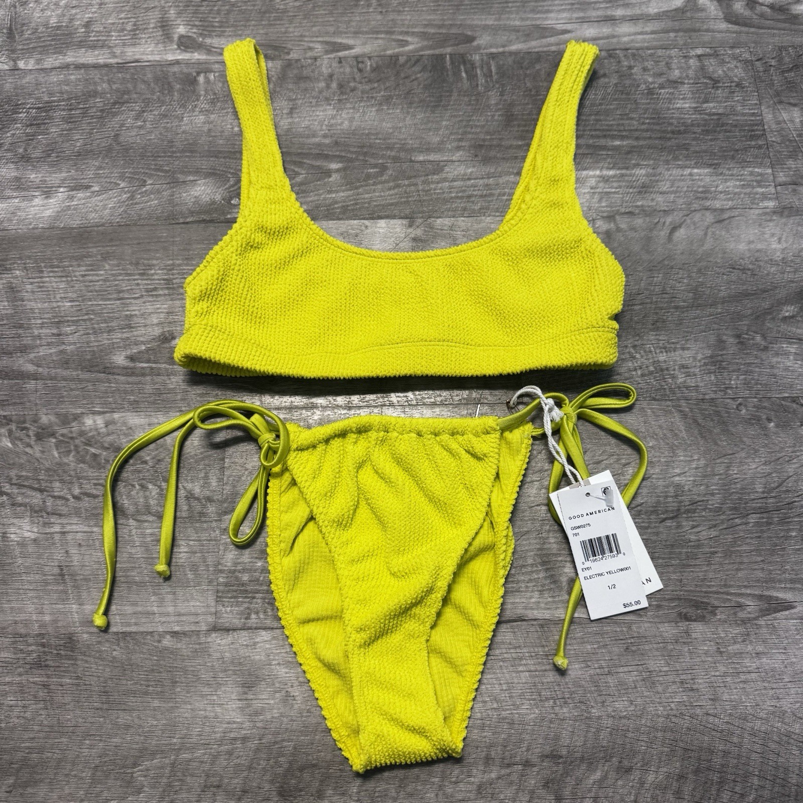 Good American Always Fit Electric Yellow Bikini Set Scoop Top Cheeky NWT Sz. 1/2