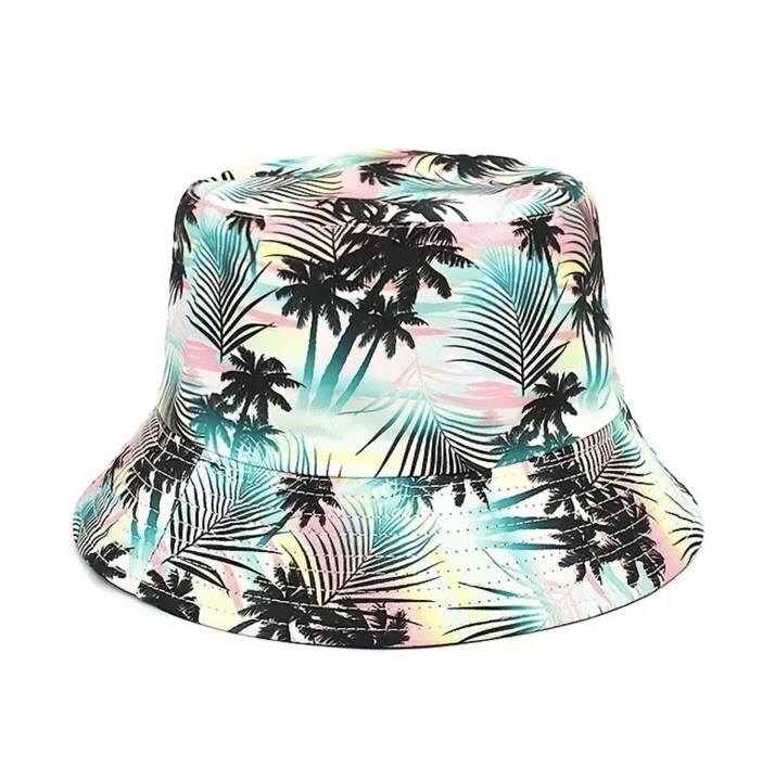 Tropical Print Bucket Hat, Black One Size, Unisex, Beach, Sun, Fishing, USA, NWT