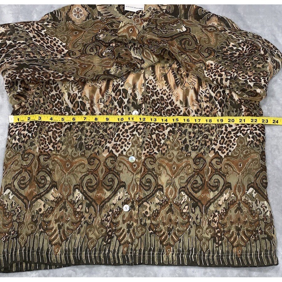 Alfred Dunner Button Up Blouse Women Size 16 Browns Semi Sheer Collared Cheetah