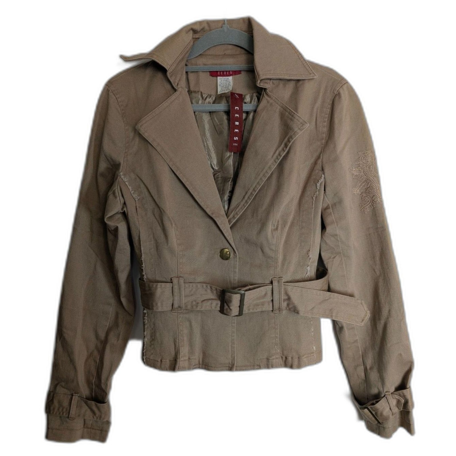 CERES USA NWT Belted Embroidered Crest Jacket Women’s Medium Cotton Blend
