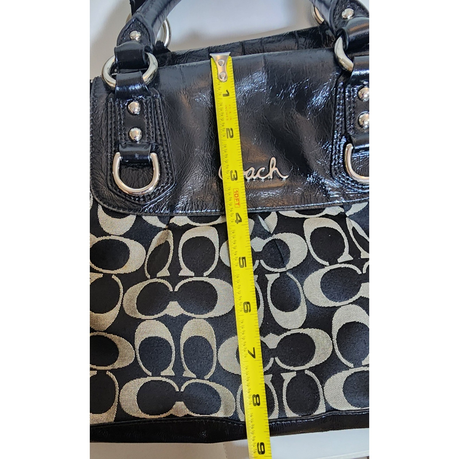 Coach Ashley Signature Satchel Black Grey Jacquard Patent Leather Bag F15440