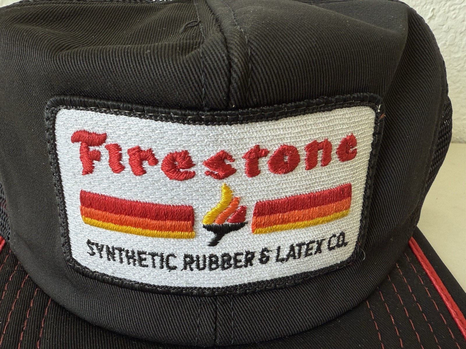 Vtg Firestone Synthetic Rubber & Latex Co Patch Hat Snapback Mesh