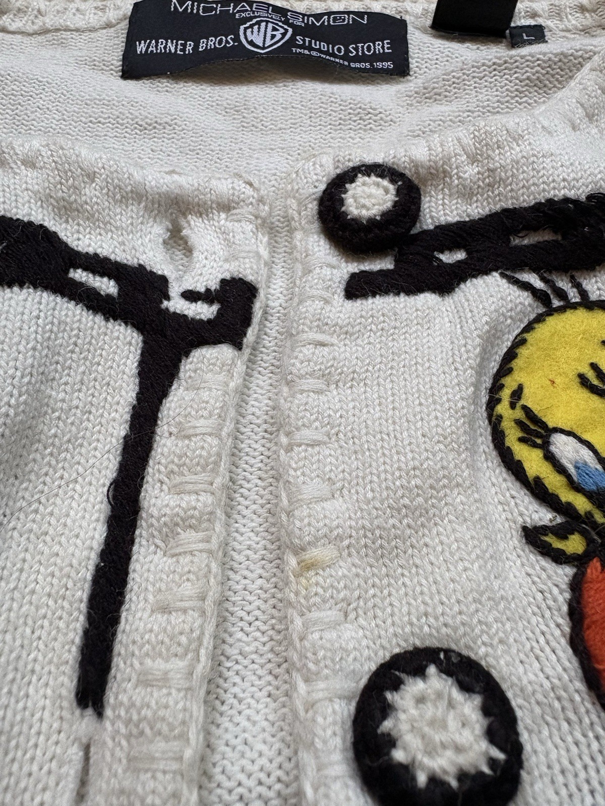 Vintage 1995 Tweety and Sylvester Looney Tunes Embroidered Cardigan