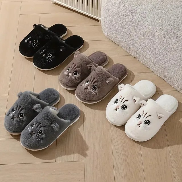 Womens Plush Cat Slippers Winter Warm Cozy Indoor House Shoes Soft EVA Sole Non-