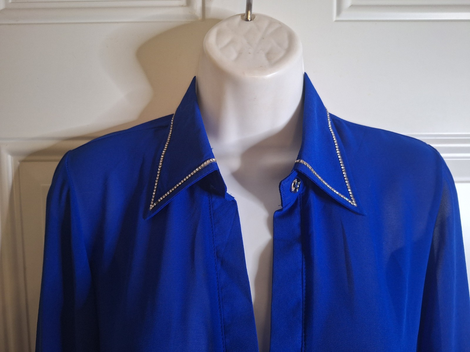 Blue Long-Sleeve Sheer Tunic Top with Rhinestone Trim Dress Up or Down