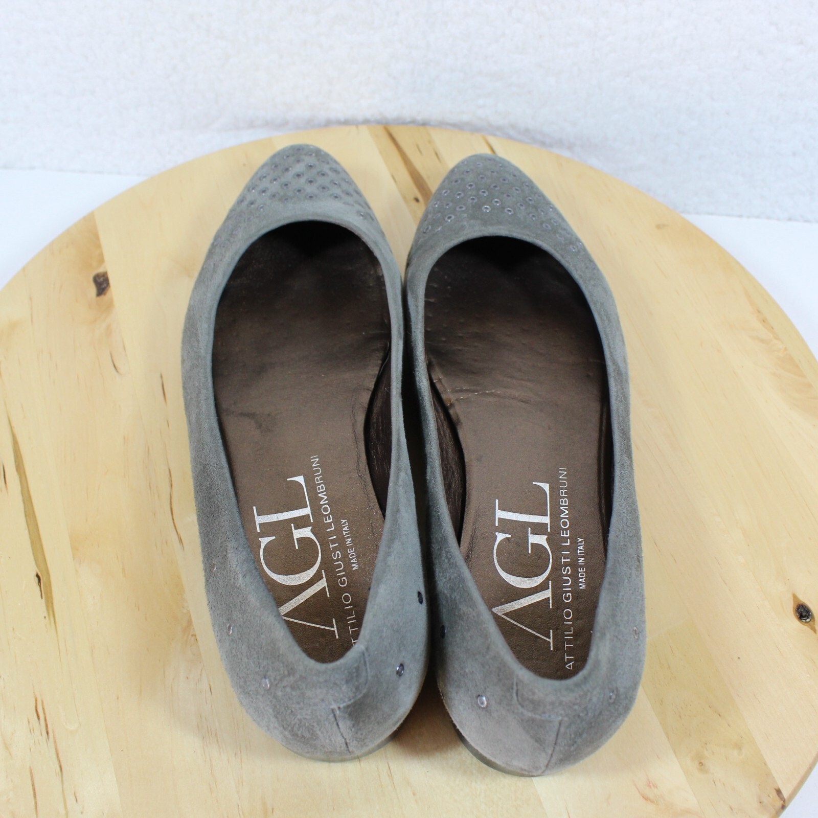 AGL Ballet Flat 39 Womens 9 Gray Suede Attilio Giusti Leombruni Rhinestone Studs