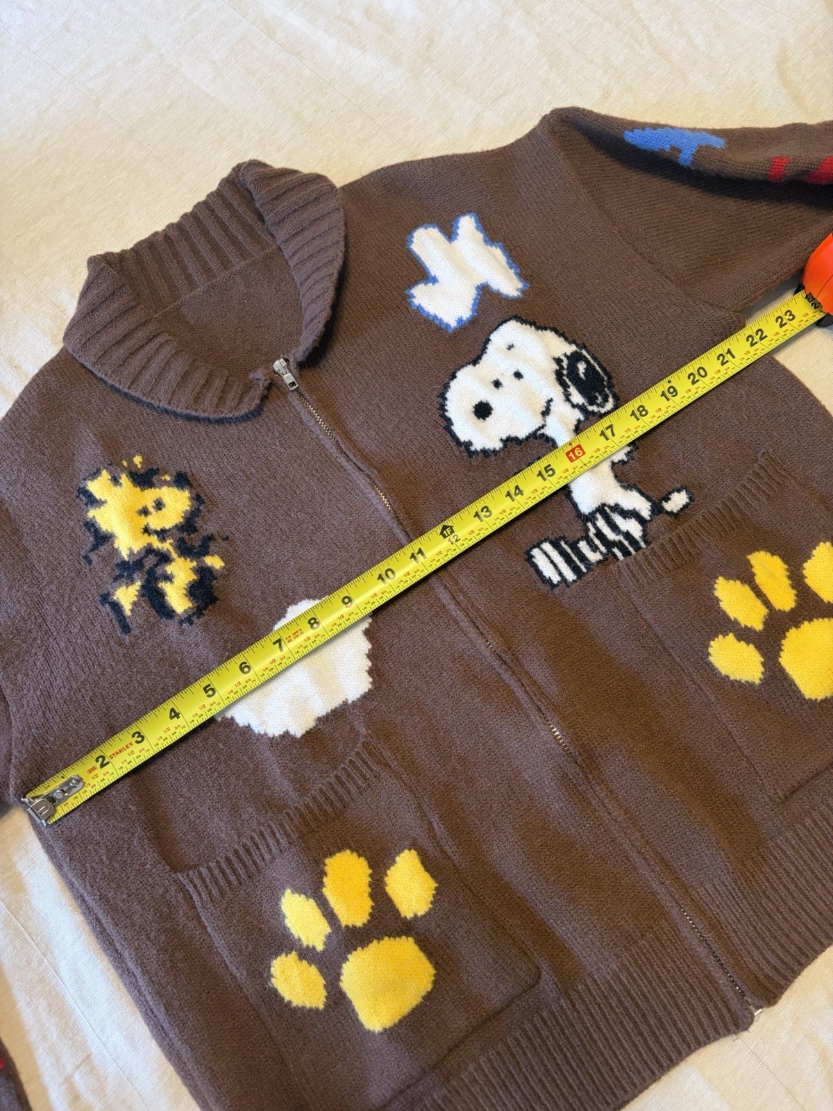Vintage Peanuts Snoopy Woodstock Brown Knit Cardigan Sweater Full Zip Pockets L