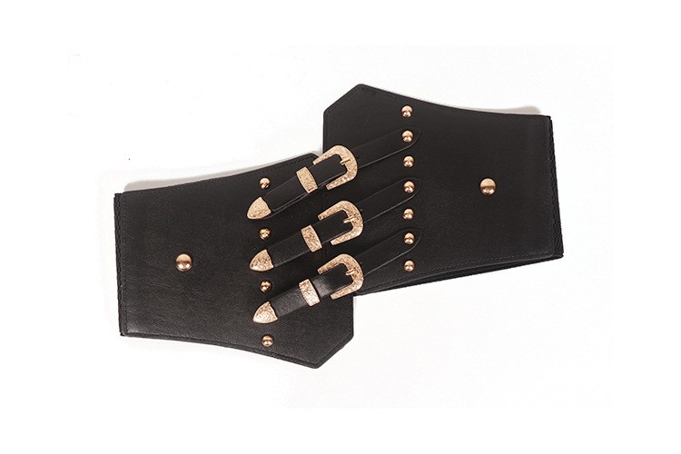 Women Black Wide Faux Leather Belt Elastic Stretch Corset Punk Rivet Waistband