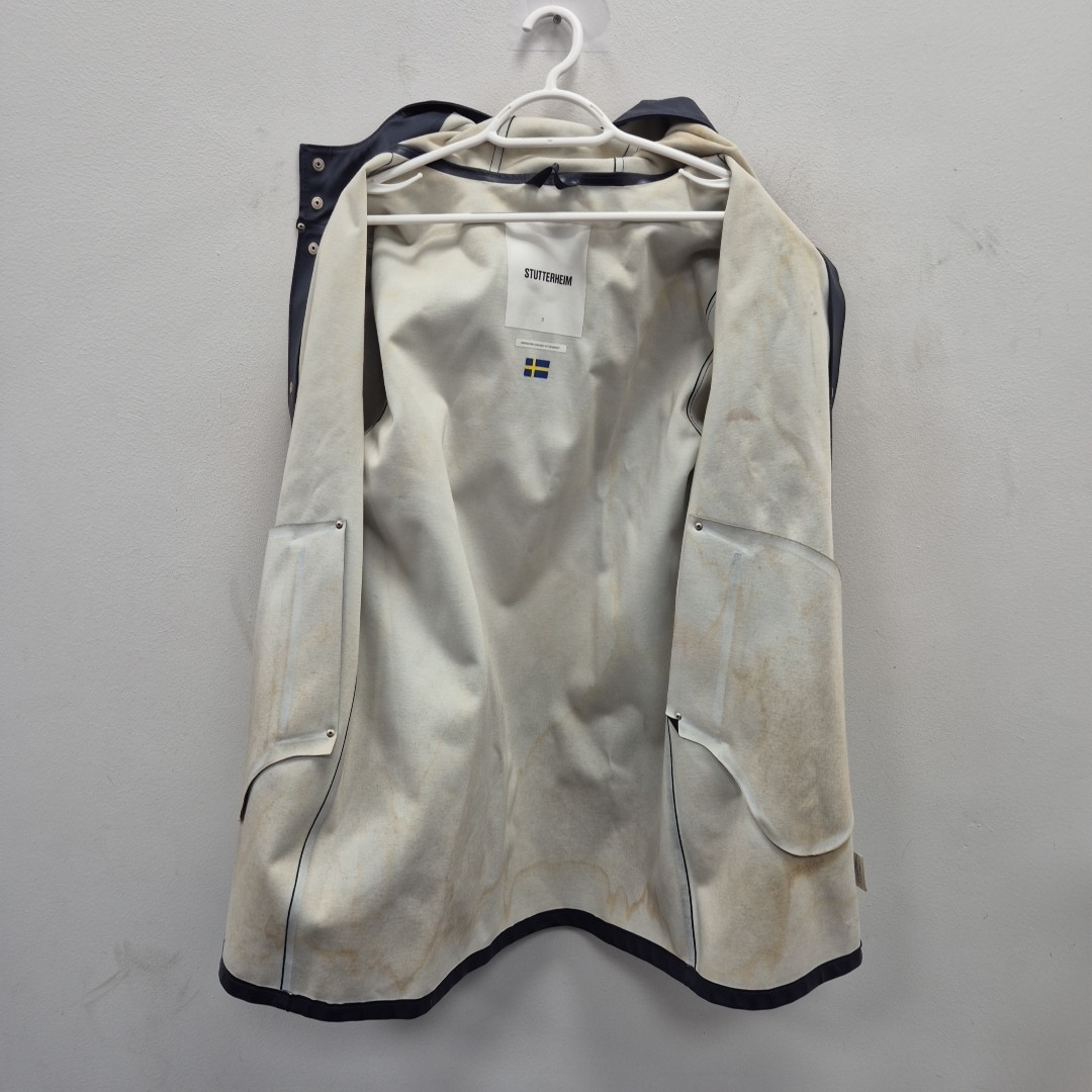 Stutterheim Stockholm Blue Navy Waterproof Rain Hooded Rubber Coat Jacket Small