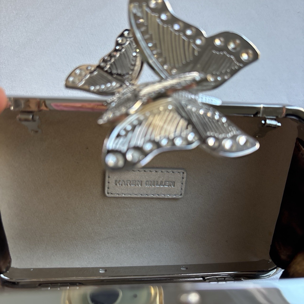 Karen Millen Silver Metallic Clutch Butterfly Clasp Chain Strap
