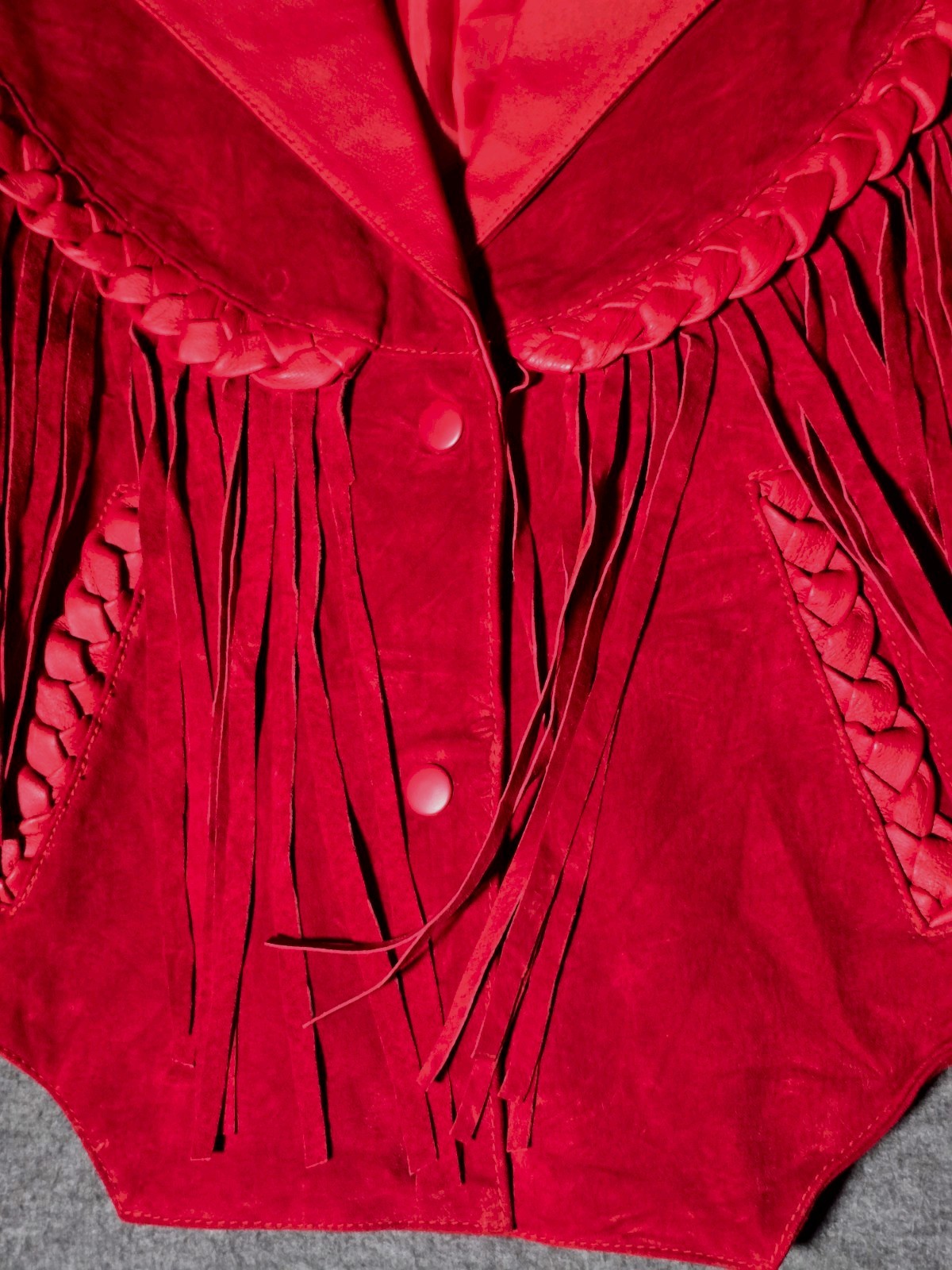 Leather Gallery Red Leather Fringe Jacket Womens L Western Cowgirl Rodeo Braided