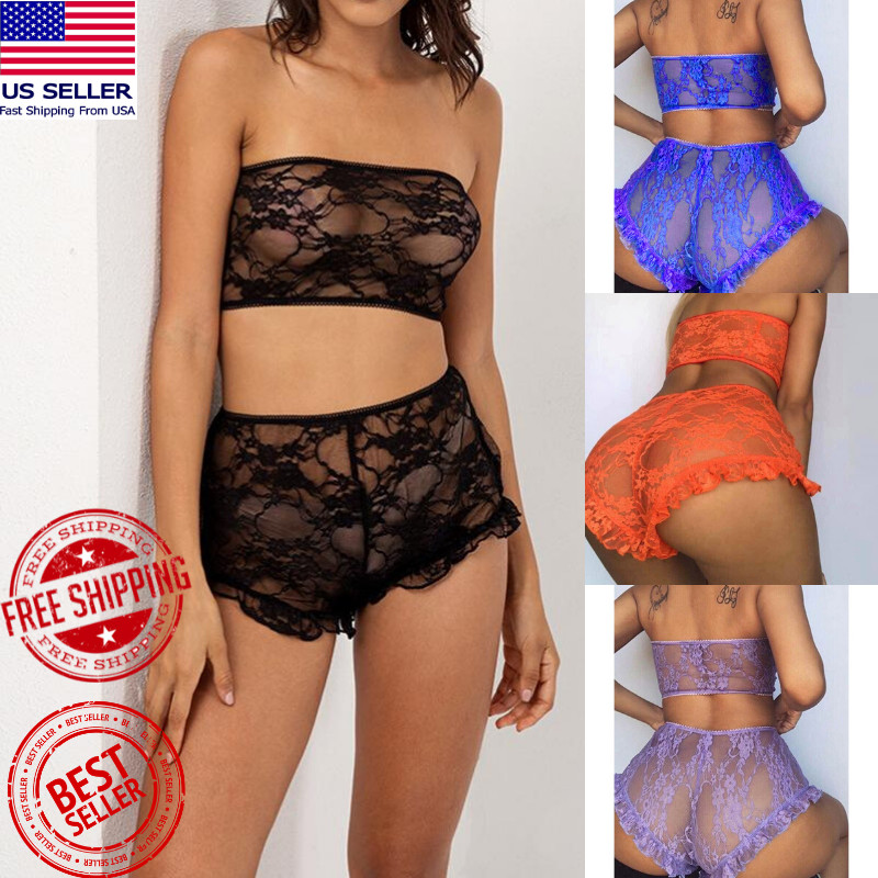 Sexy Lingerie Sheer Floral Lace Underwear See Through Strapless Bra & Panty Set