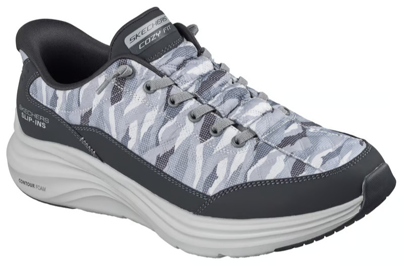 NEW MENS SKECHERS SLIP INS CONTOUR FOAM COZY FIT CAMOPOST Gray White FABRIC