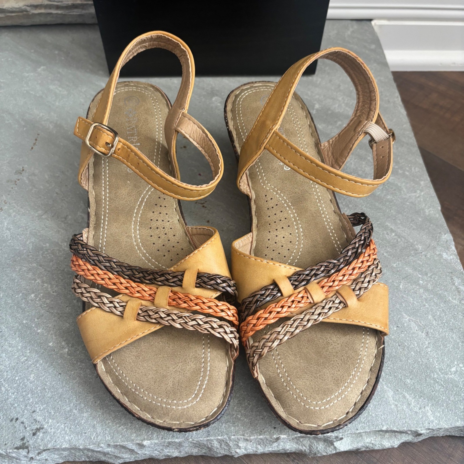 Patrizia Spring Step Wedge Sandals Mustard Yellow Multi Colored Braided Straps