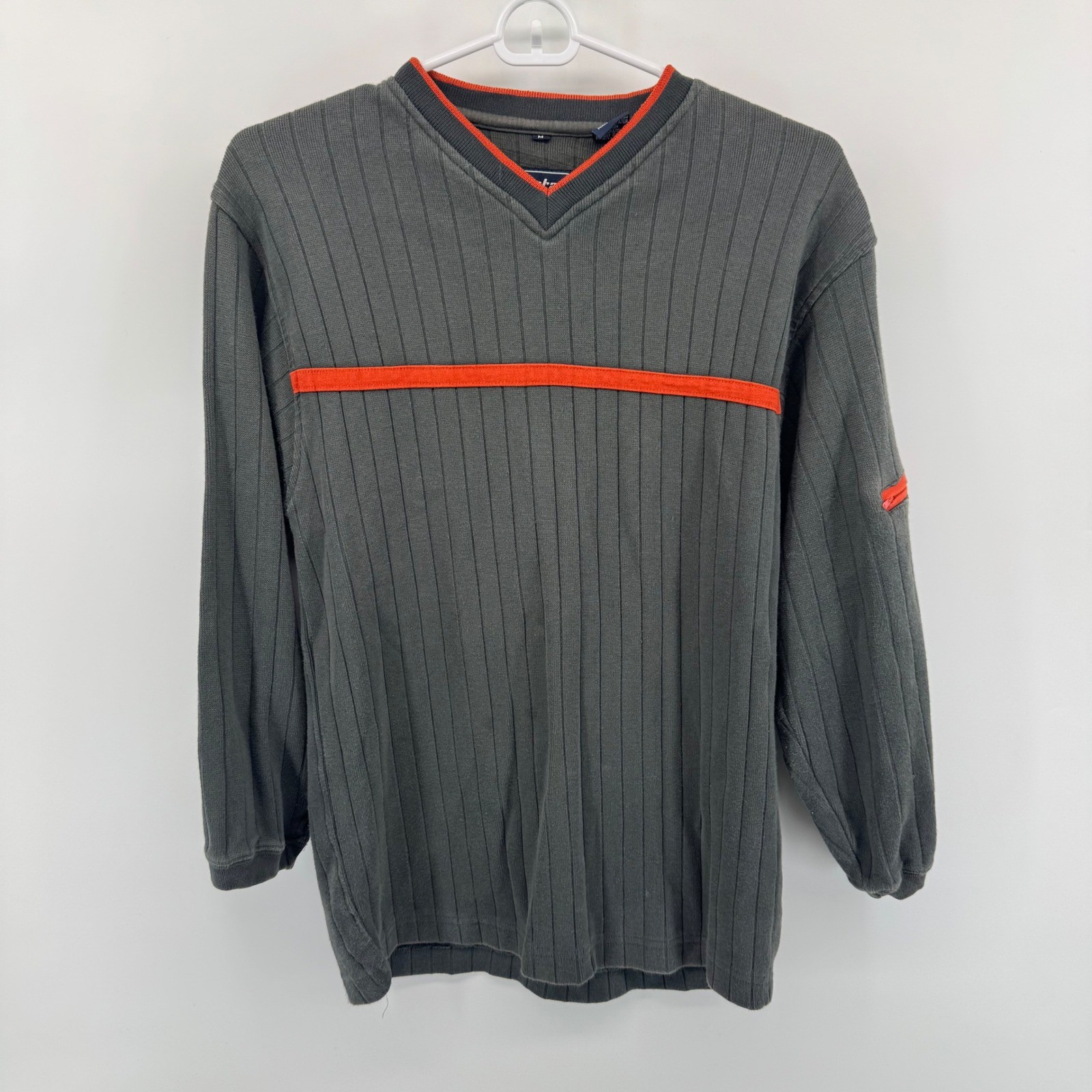 Point Zero Manufacturing Mens V-Neck Ribbed Sweater Grey Orange Stripe Size M