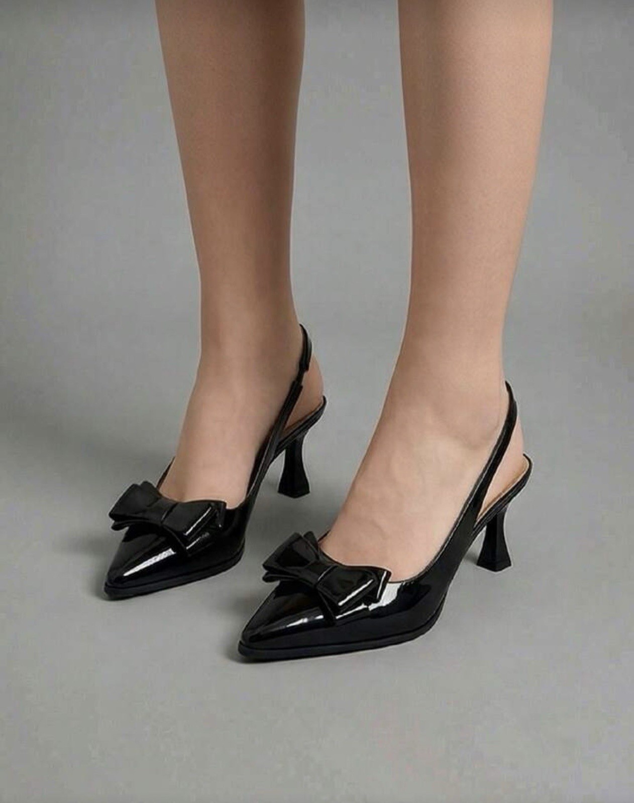 Women’s Black Patent Leather Slingback Kitten Heel Pumps Pointed Toe Bow 8