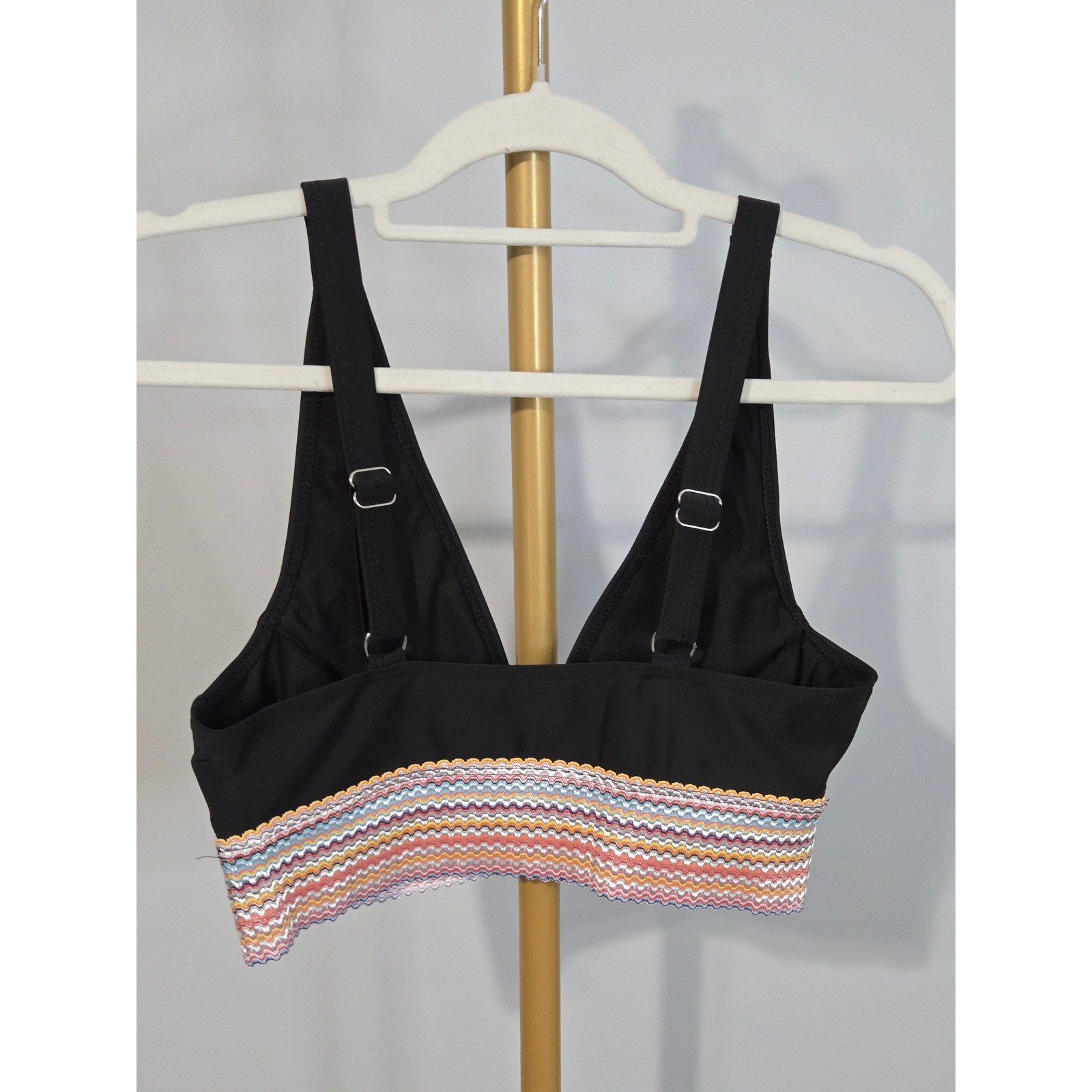 Blooming Jelly Black Bikini Top Multi Color Chevron Embroidered Band Medium