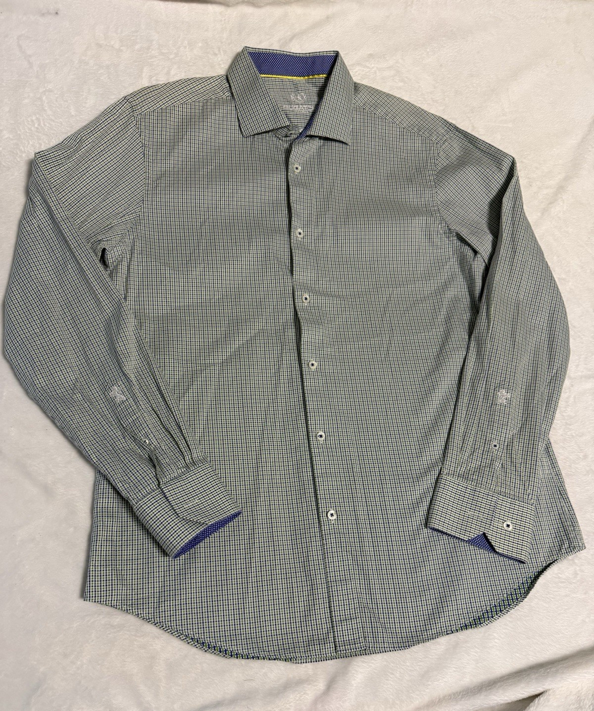 Bugatchi Uomo 17.5 36/37 Men’s Blue Green Micro Check 100% Cotton Dress Shirt
