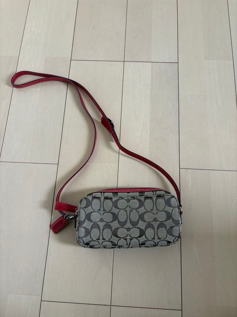 COACH Signature Canvas Leather Red Gray Shoulder Bag Women Zip Compact 22.5cm