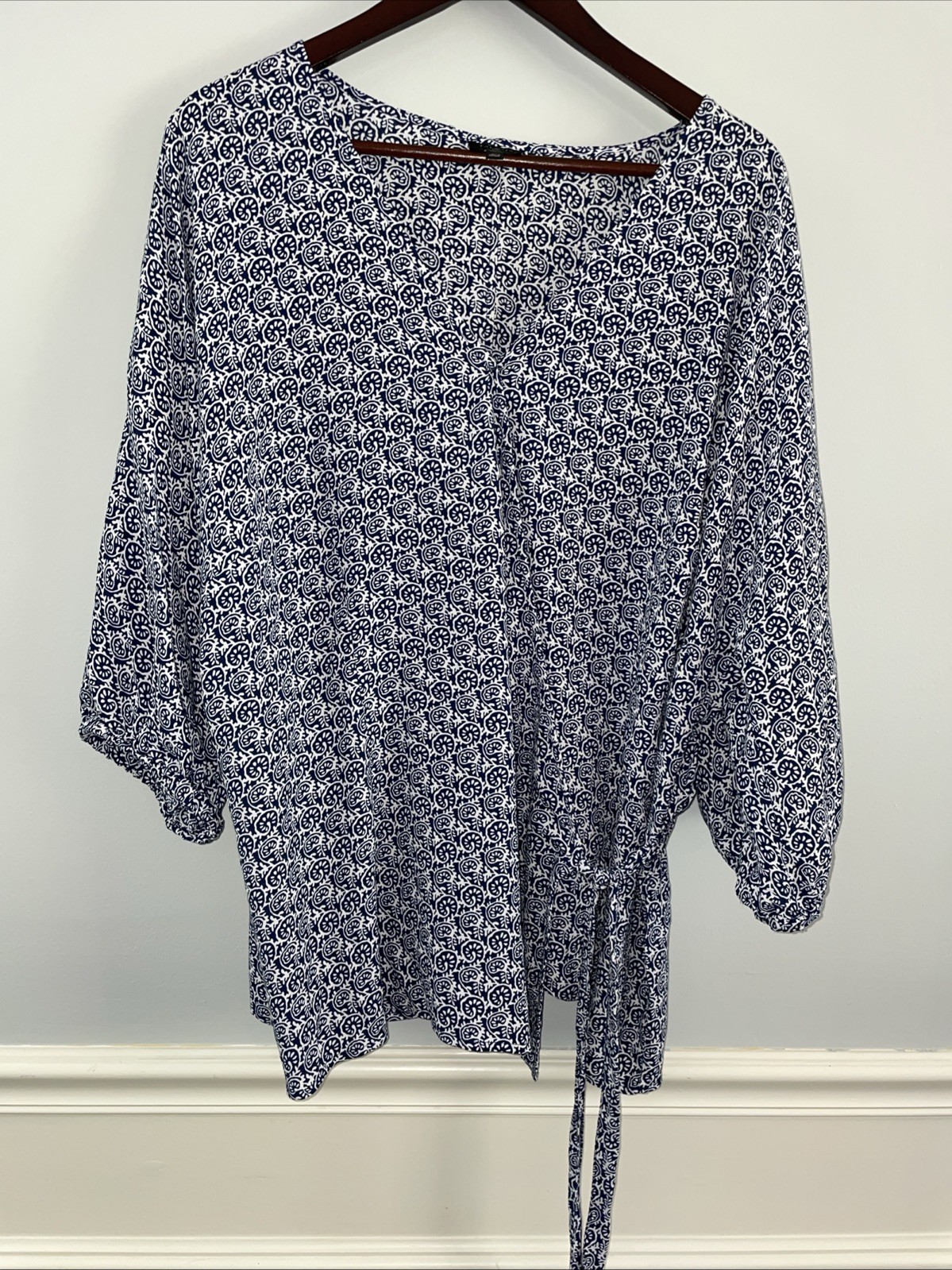 Talbots Faux Wrap Top Spot Print Long Sleeve Blouse Blue White Plus 2x
