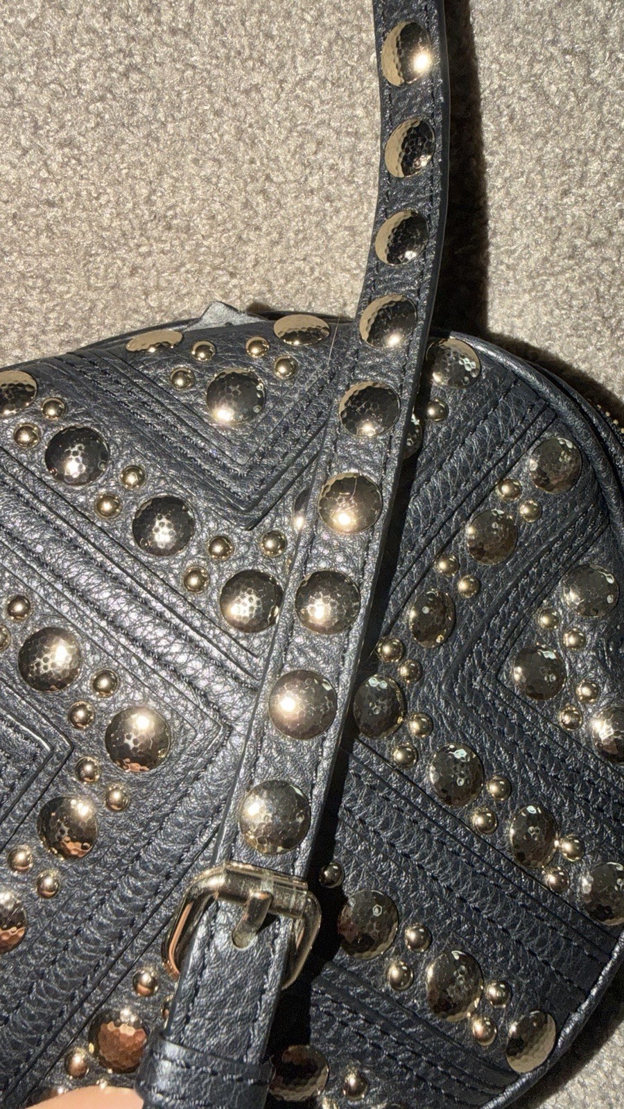 Rebecca Minkoff Black Round Studded Crossbody Bag Tassel Zip Gold Hardware