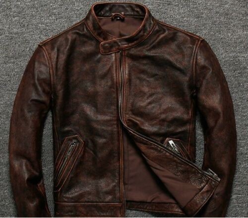 Men’s Café Racer Vintage Distressed Brown Real Leather Biker Classic Jacket