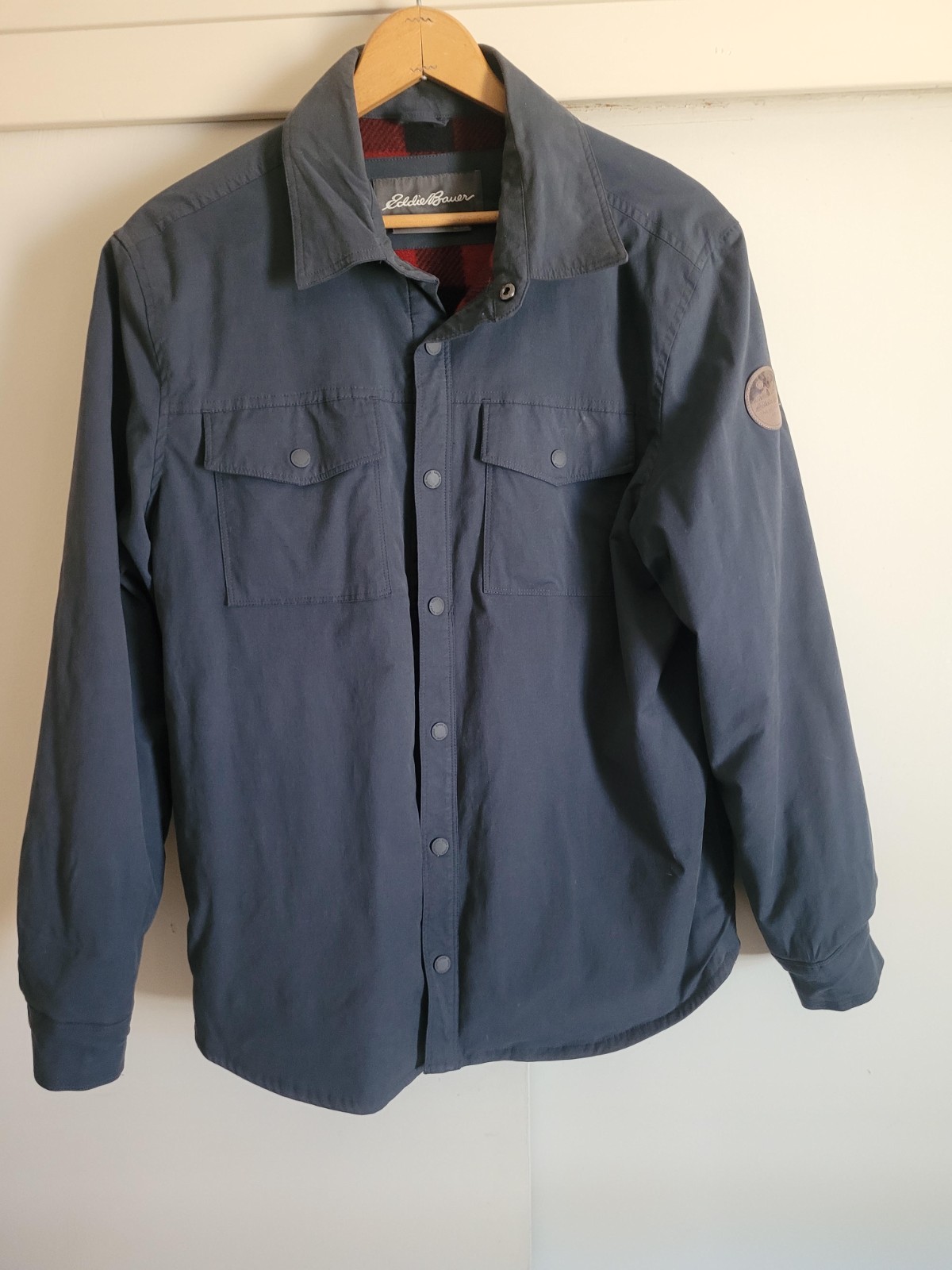 LARGE Eddie Bauer Jacket Gray/blue with Red Buffalo Plaid Lining Snaps
