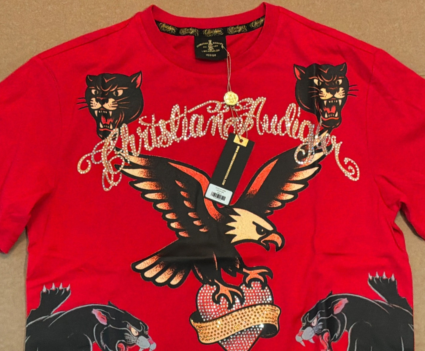NWT Christian Audigier Men’s Graphic Eagle Logo Rhinestone Red Shirt Size M