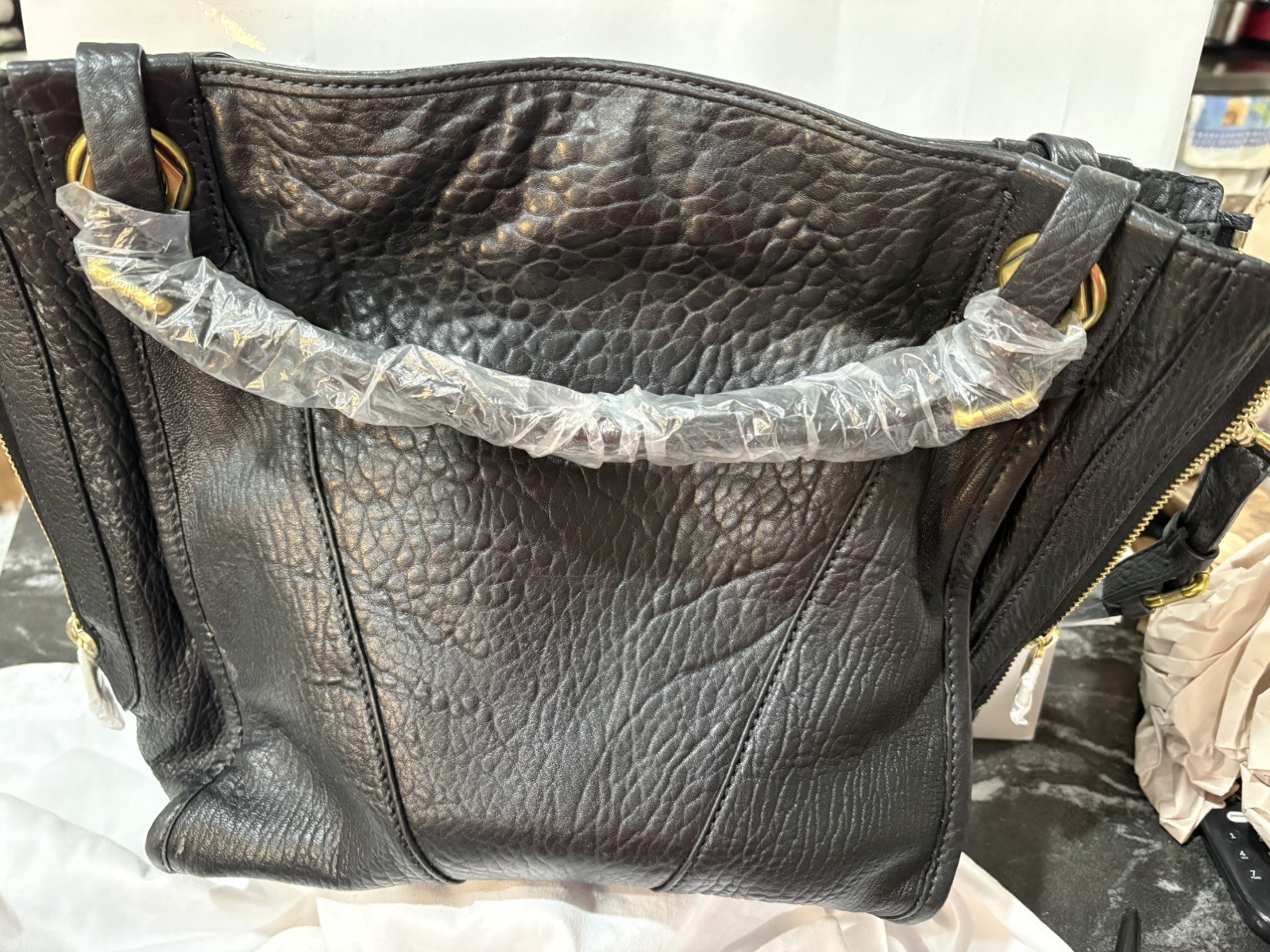 OrYany Distressed Pebbled Leather Bag Satchel Hand Bag Golden Hardware Ret $585