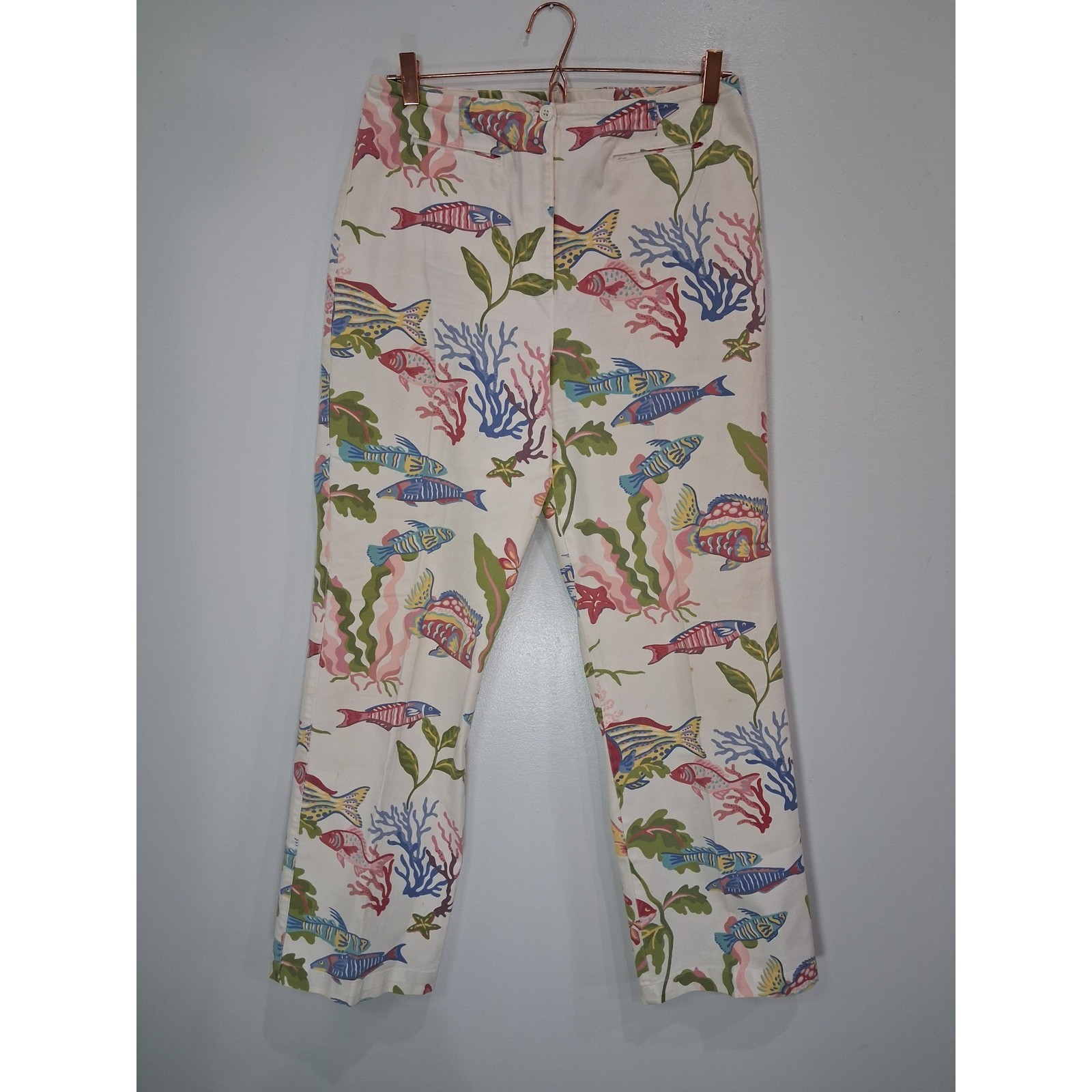 Talbots Tropical Fish Coral Stretch Cotton Straight Leg Pants White Multi 10