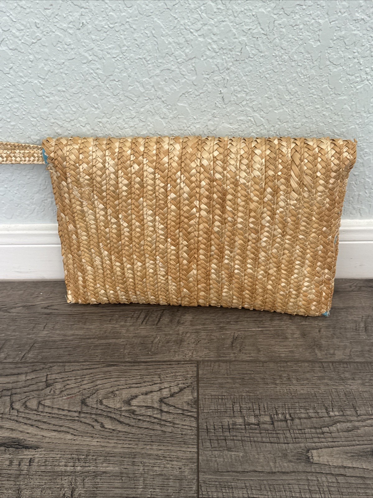 Woven Straw With Embroidered Flowers Snap Close Wristlet