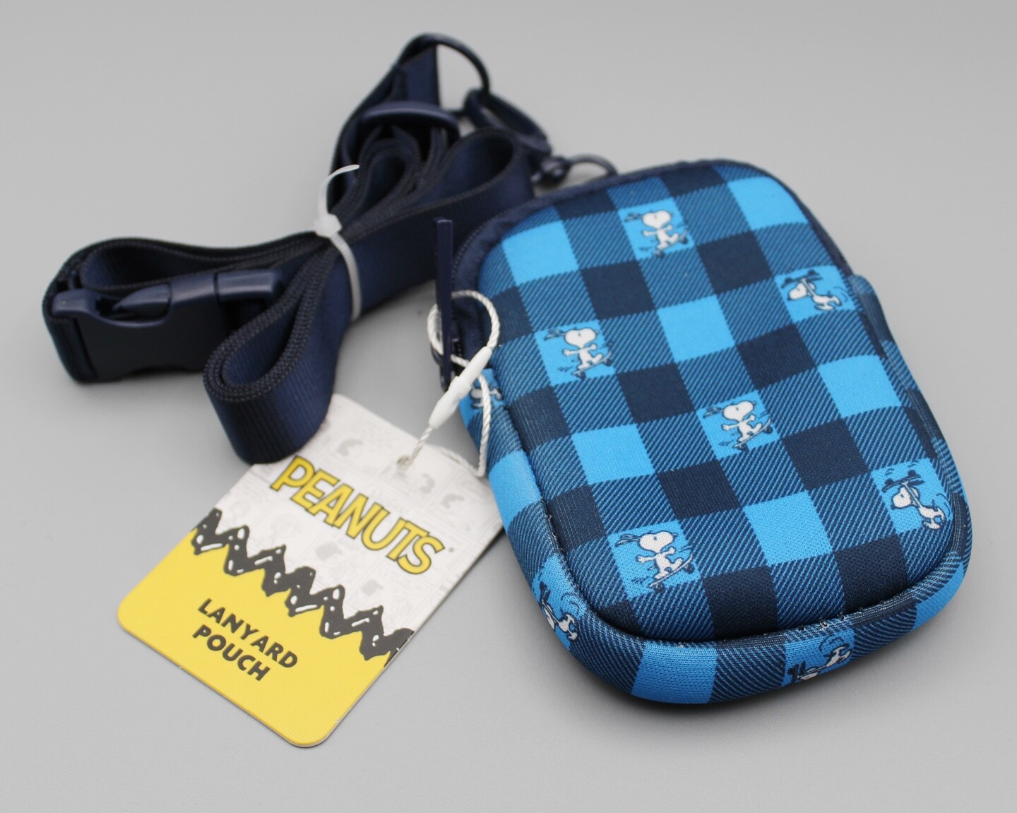 PEANUTS LANYARD POUCH / ID HOLDER • Neoprene • Snoopy Skateboarding • blue plaid