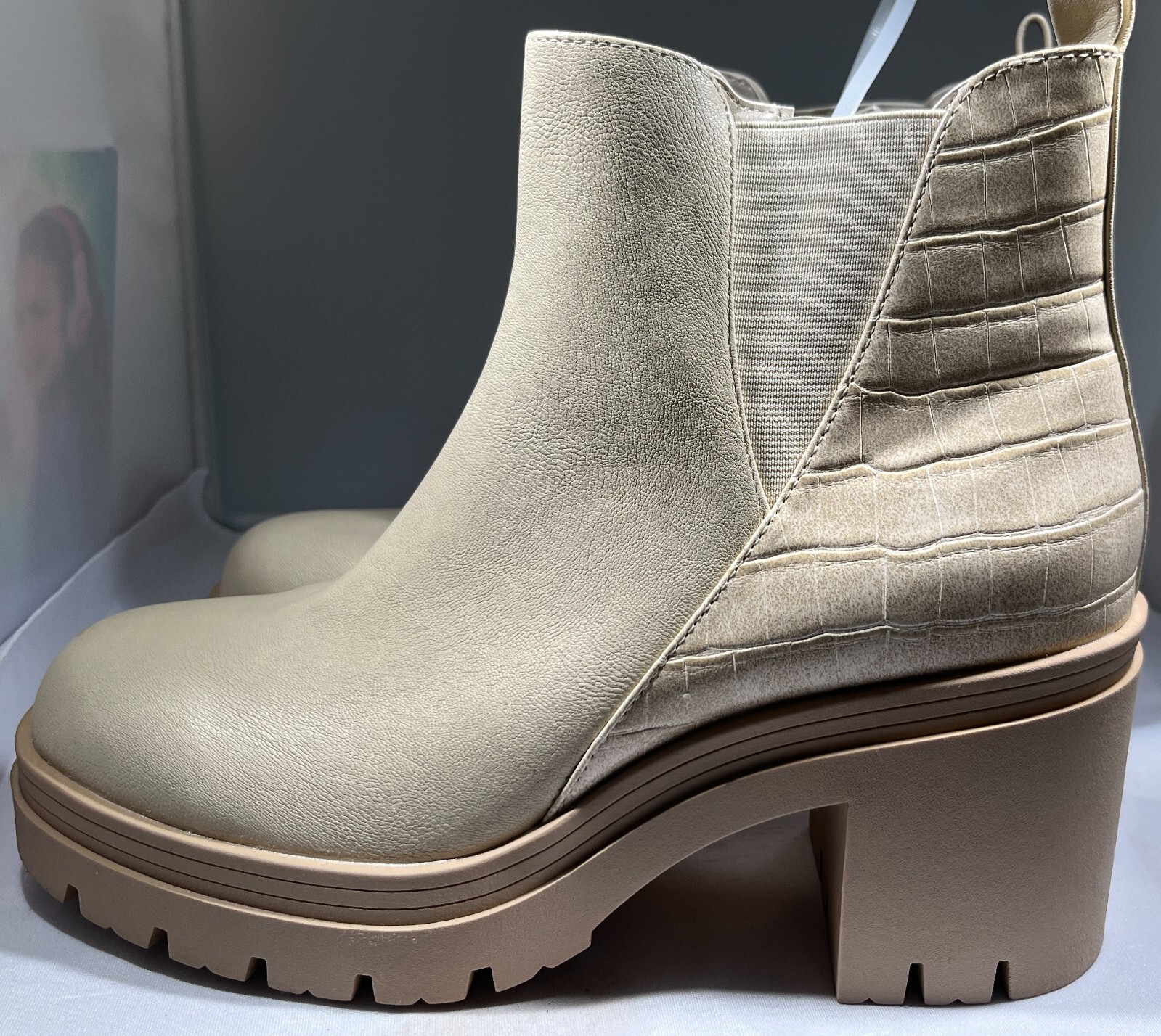 Sun + Stone Veronikaa Pull-On Lug Chelsea Booties-Color: ECRU CROC -CHOOSE SIZE!
