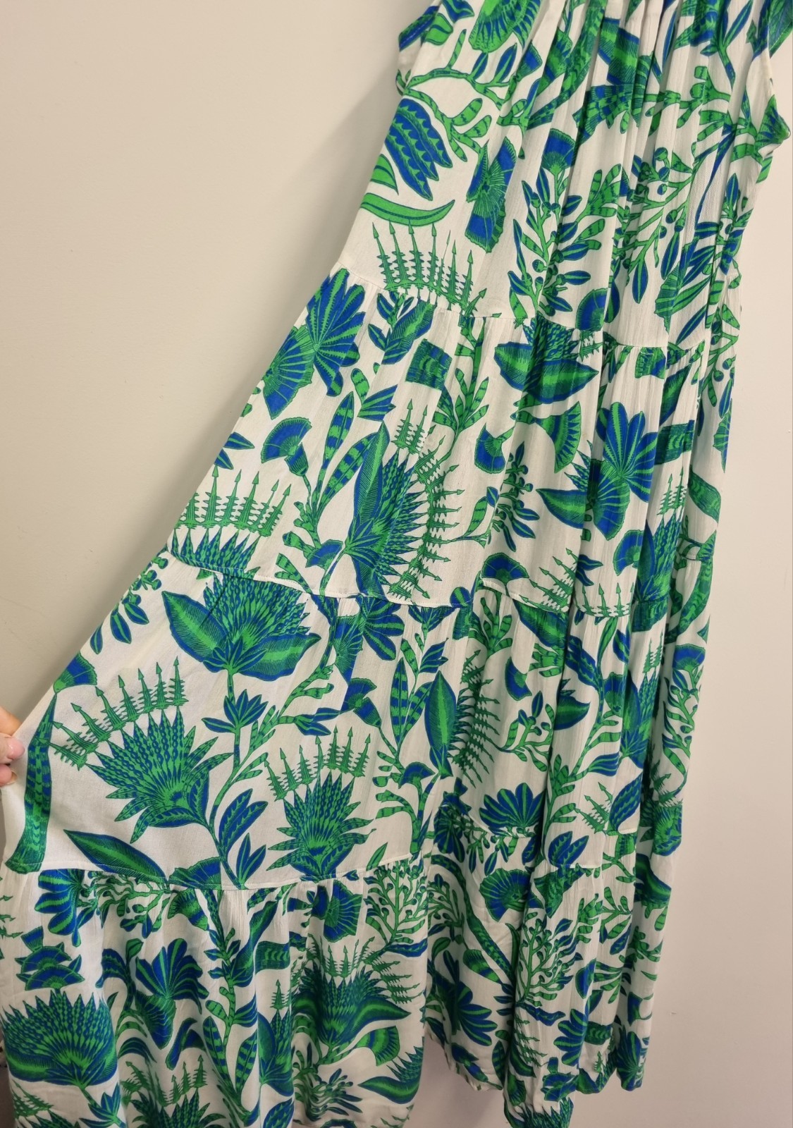 Accessorize 12-14 (M) White Blue Green Fan Print Beaded Tiered Summer Dress