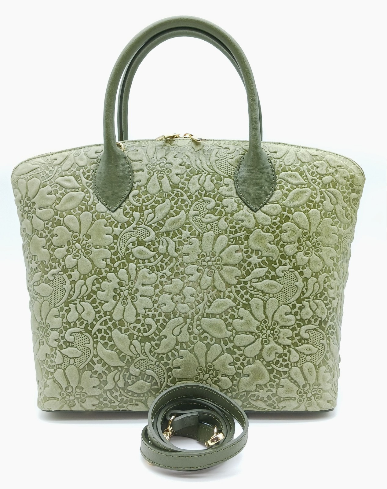 Army Green Italian Genuine Leather Floral Embossed Handbag Satchel Made In Italy