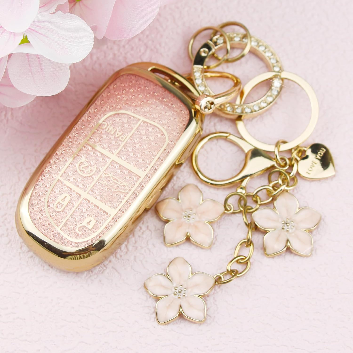 Pink TPU Key Fob Cover with Sakura Flower Keychain Compatible with Jeep Compass