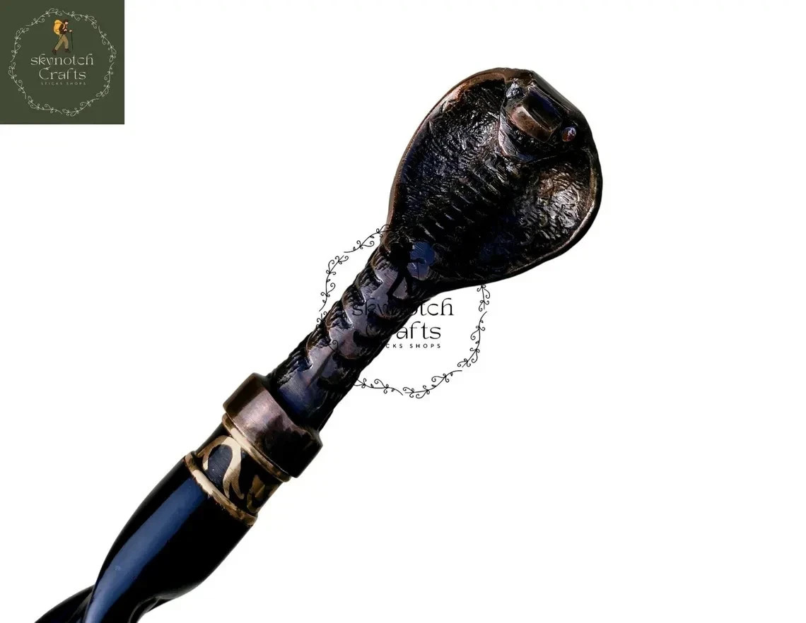 Antique Brass Cobra Handle Walking Stick – Spiral Victorian Wooden Cane Gift