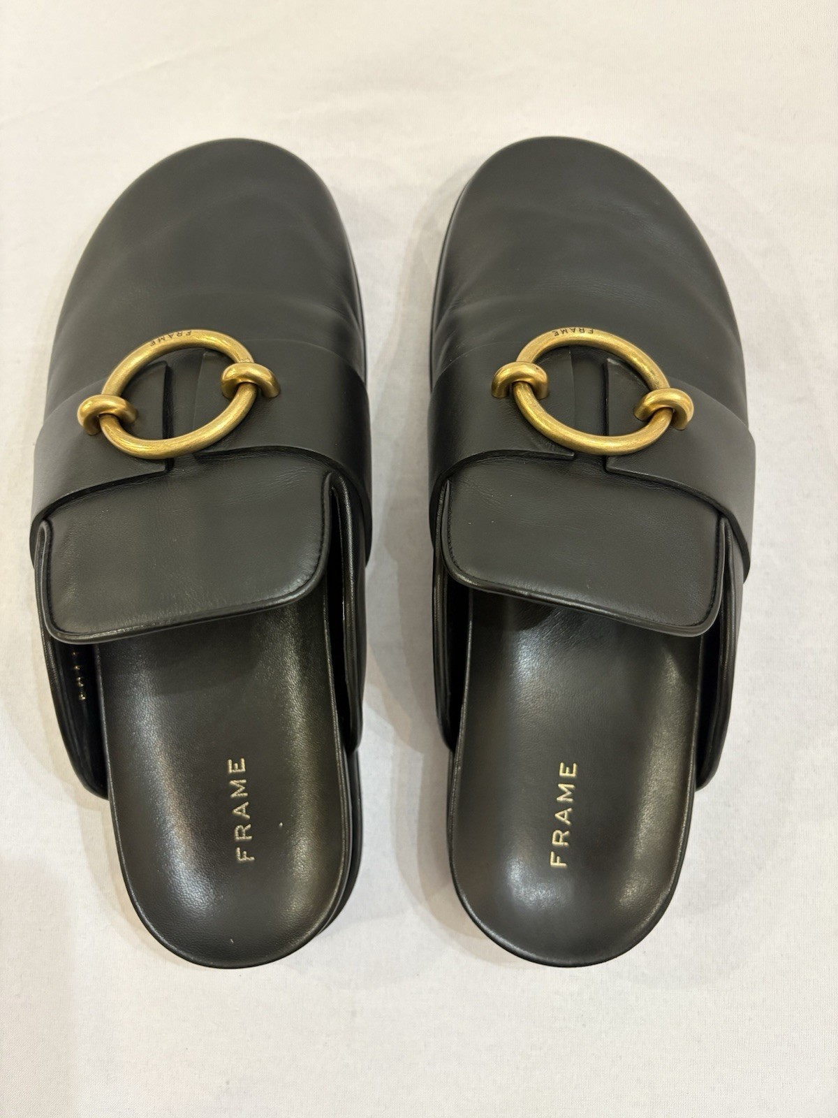 $398 FRAME Spain Le Aspen Black Leather Flats Mules Clogs Shoes Sz 38.5 EU 8 US