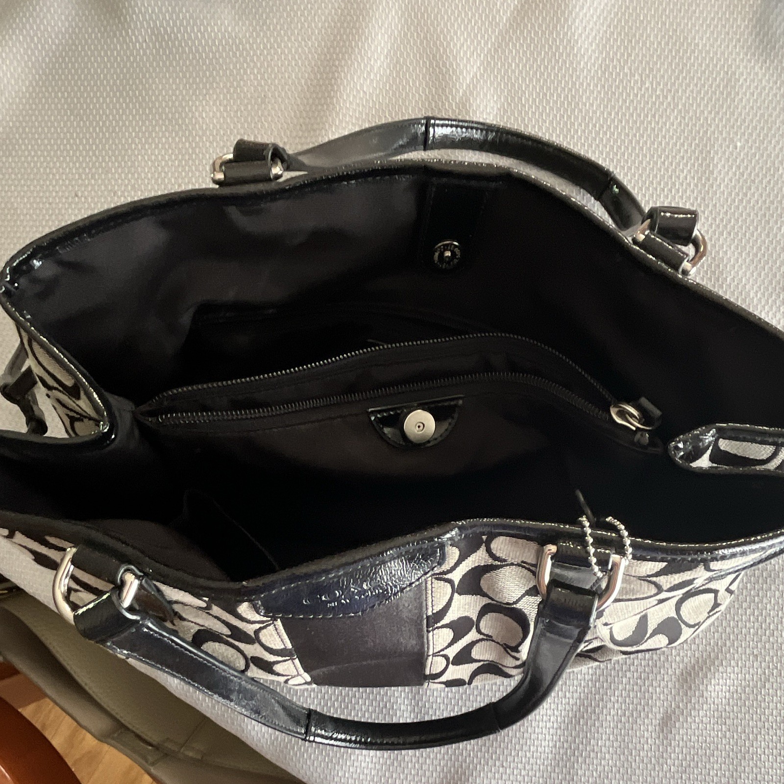 Coach Signature Logo Satchel Top Handle Zip Bag Black/White Silver Hardware