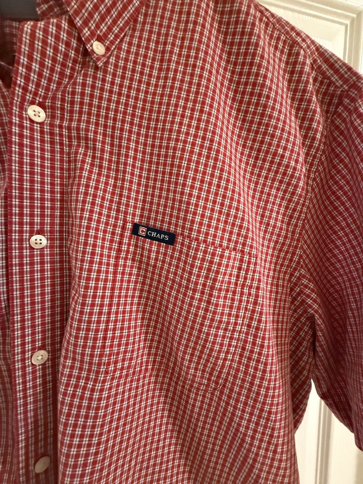Chaps Red and White Gingham Short-Sleeve Button-Down Shirt
