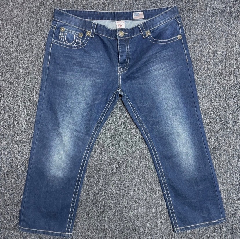 True Religion Men’s Straight Jeans | Blue Denim with White Stitching