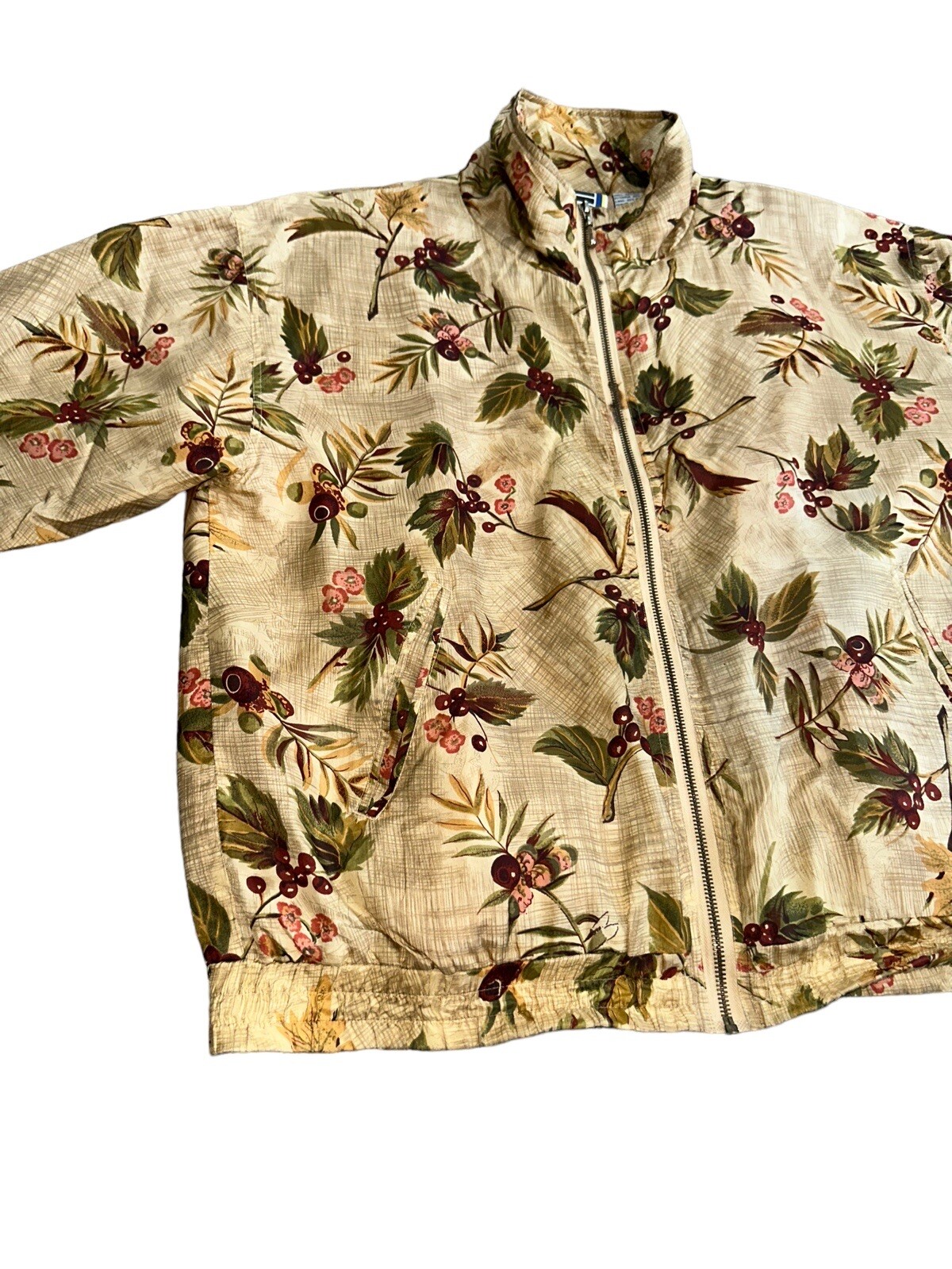 Vintage EVR Floral 100% Silk Jacket Full Zip Up Bomber Coat Size Large