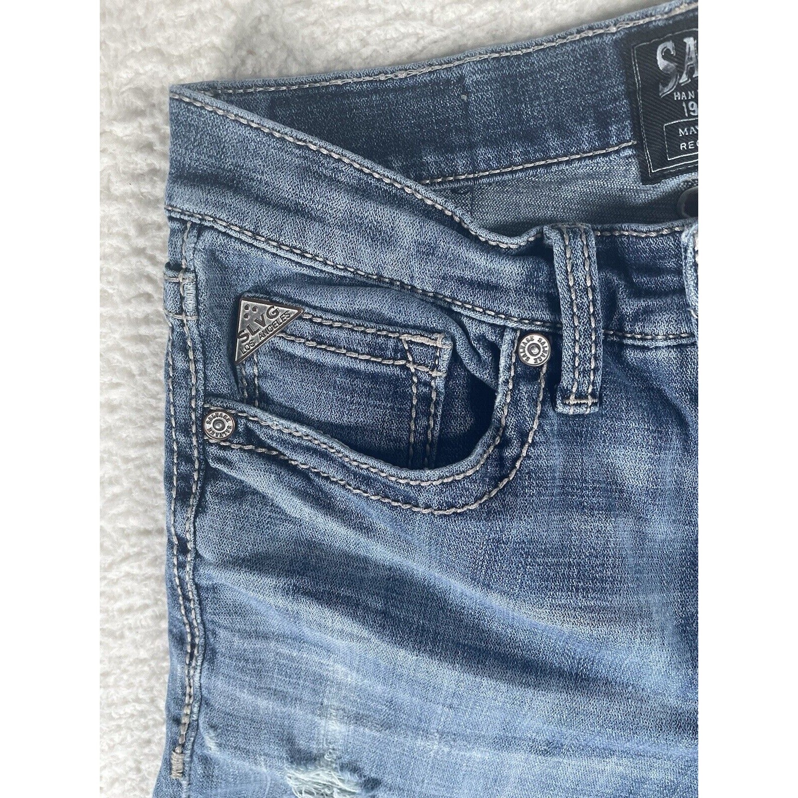 Salvage Buckle Mayhem Jeans Mens 29R 30×30 Blue Denim Distressed Boot Cut Y2K