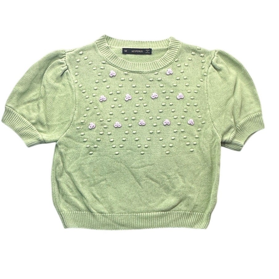 Hesperus Short Sleeve Knit Sweater 3D Floral Embroidery Bobble Sage