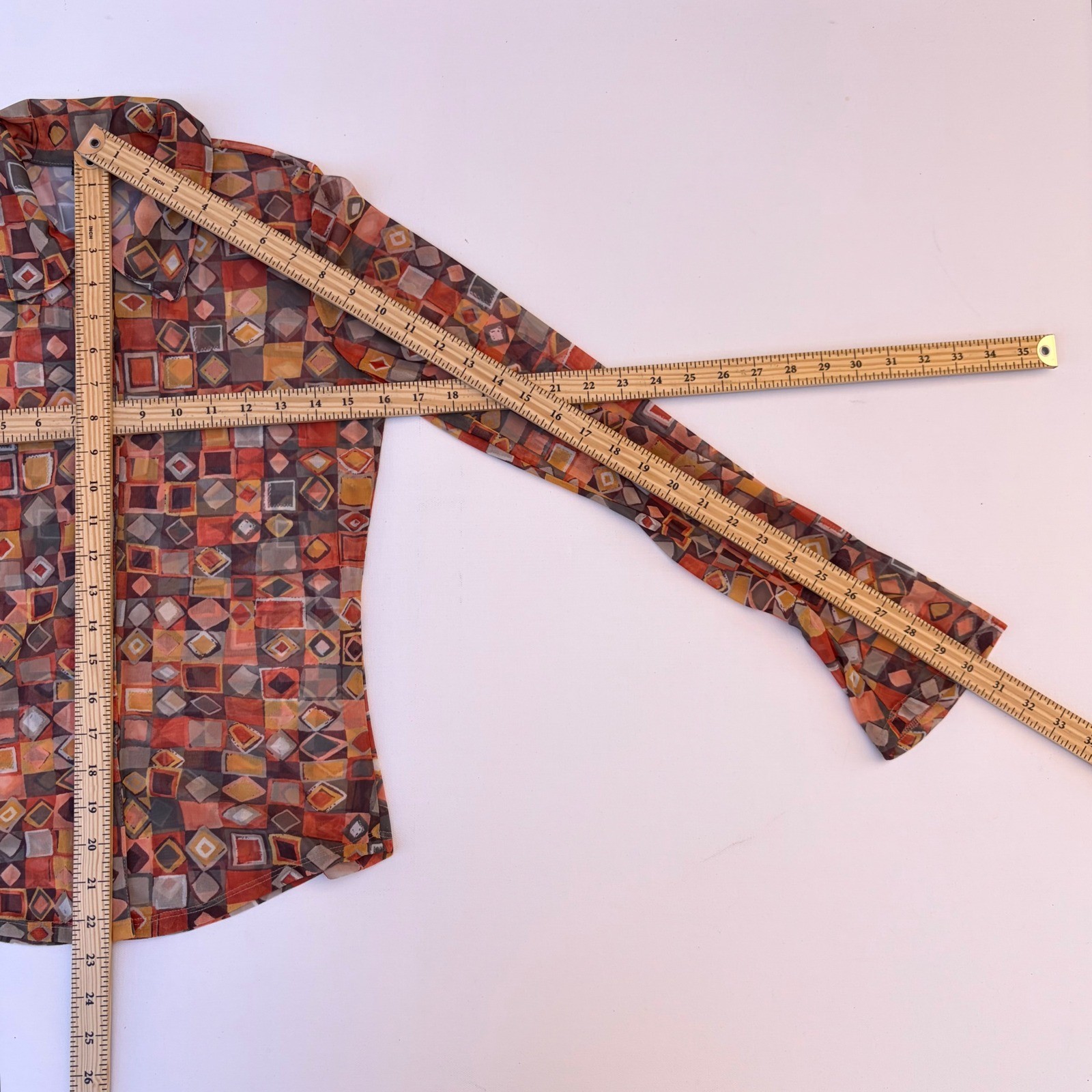 Heart Moon Star Blouse Womens S Orange Y2k Geometric Mesh Button Up