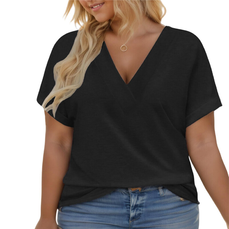 Summer Womens V-neck T-shirt Breathable Lightweight Soft Short Sleeved Plus Size