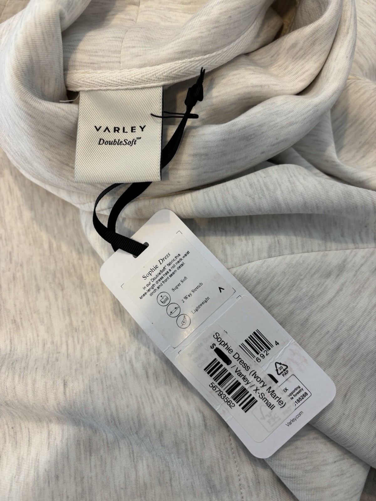 Varley Sophie Doublesoft Dress Ivory Marl Cowl neck Athleisure XS