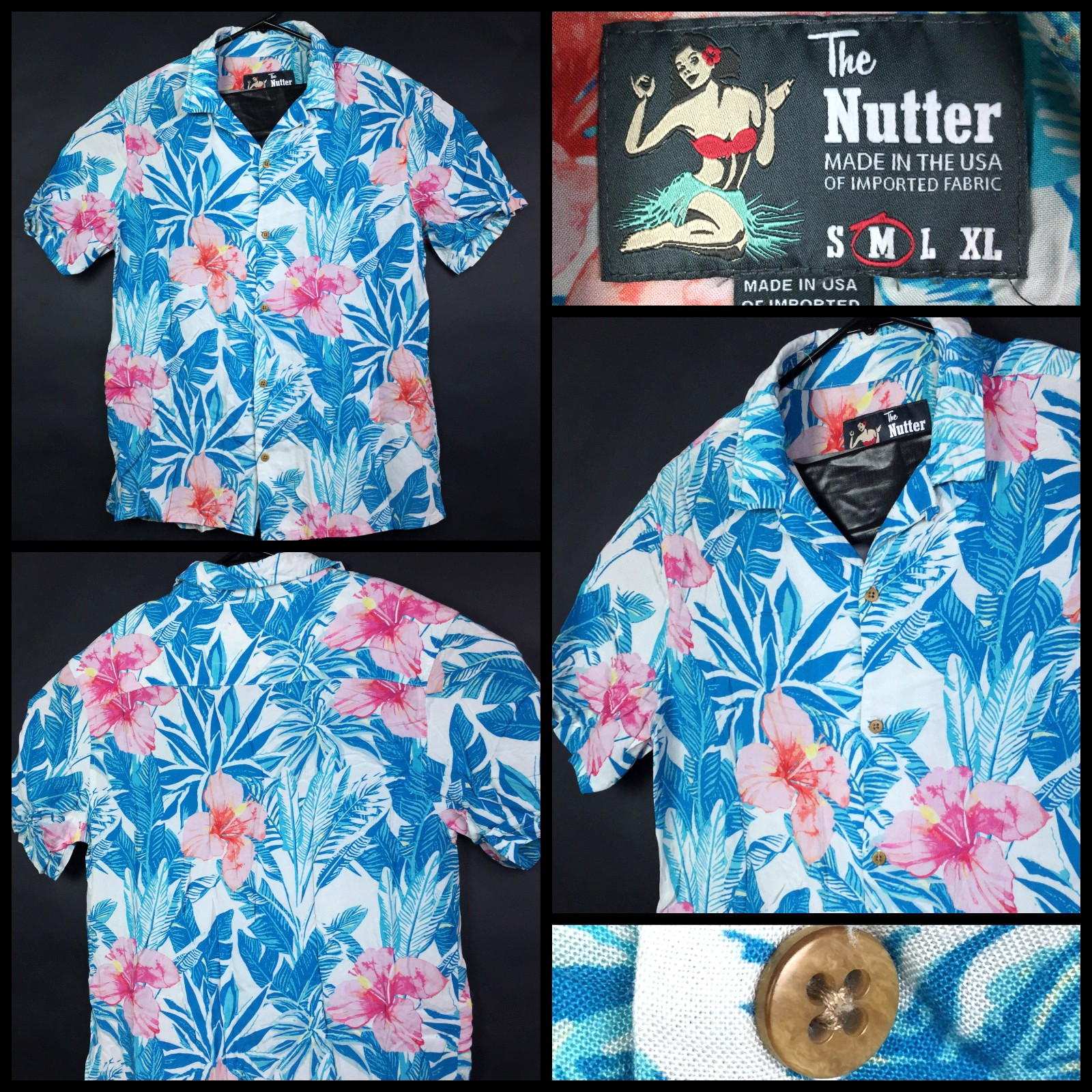 Chubbies The Nutter Mens Medium Blue Palm Pink Hibiscus Wood Button Hawaiian 40″
