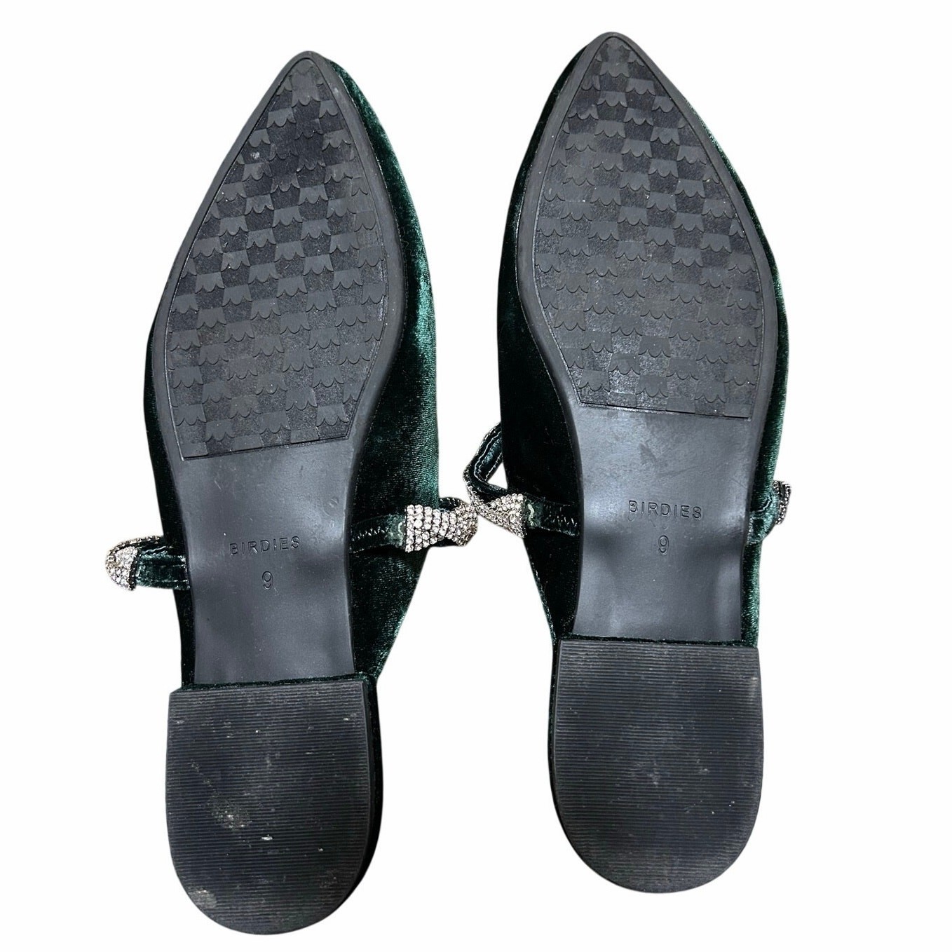 Birdies “the Swan” emerald green velvet and rhinestone strapped slides sz 9