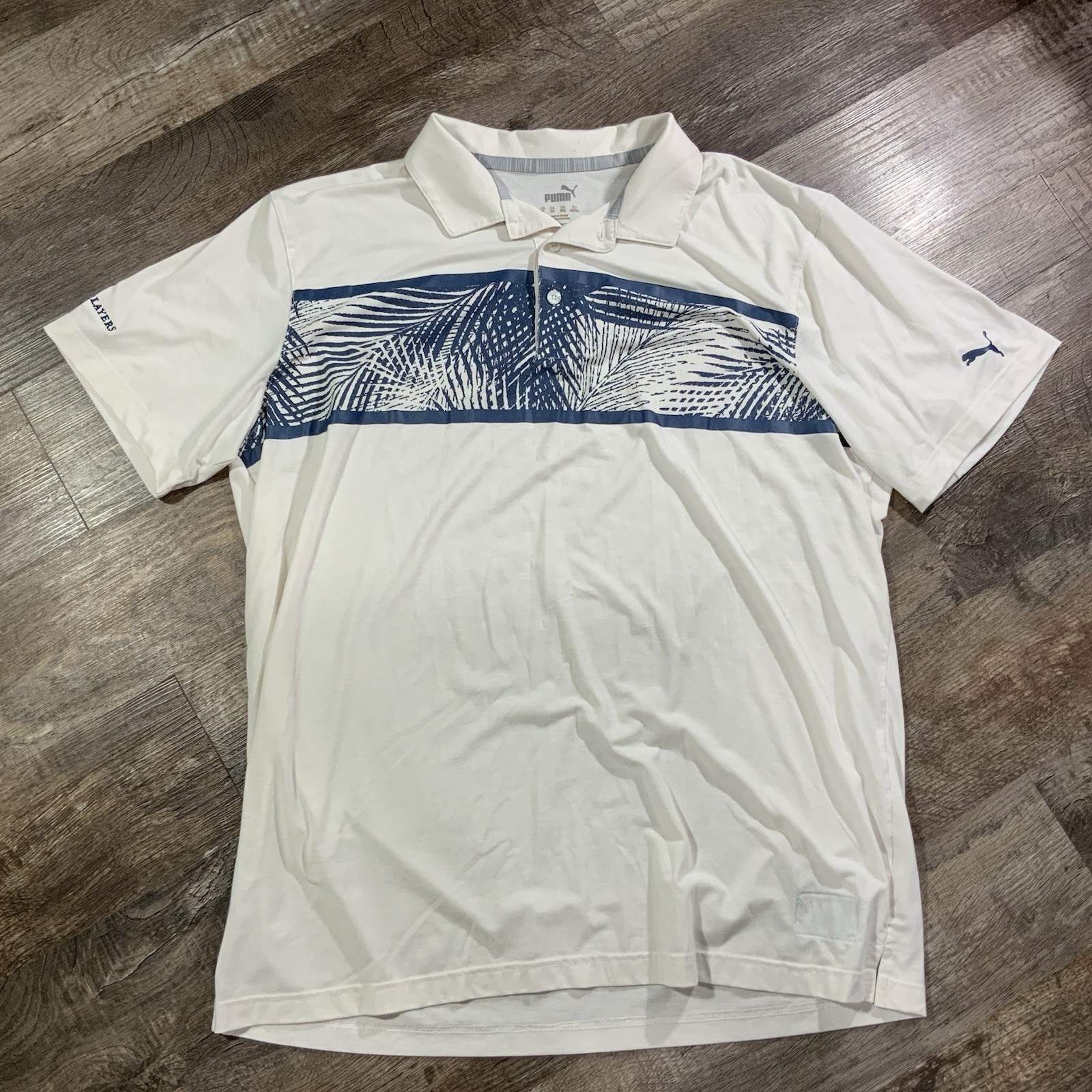 Puma Golf Polo Shirt Men’s XL Tournament Edition White Navy Blue Tropical Leaf